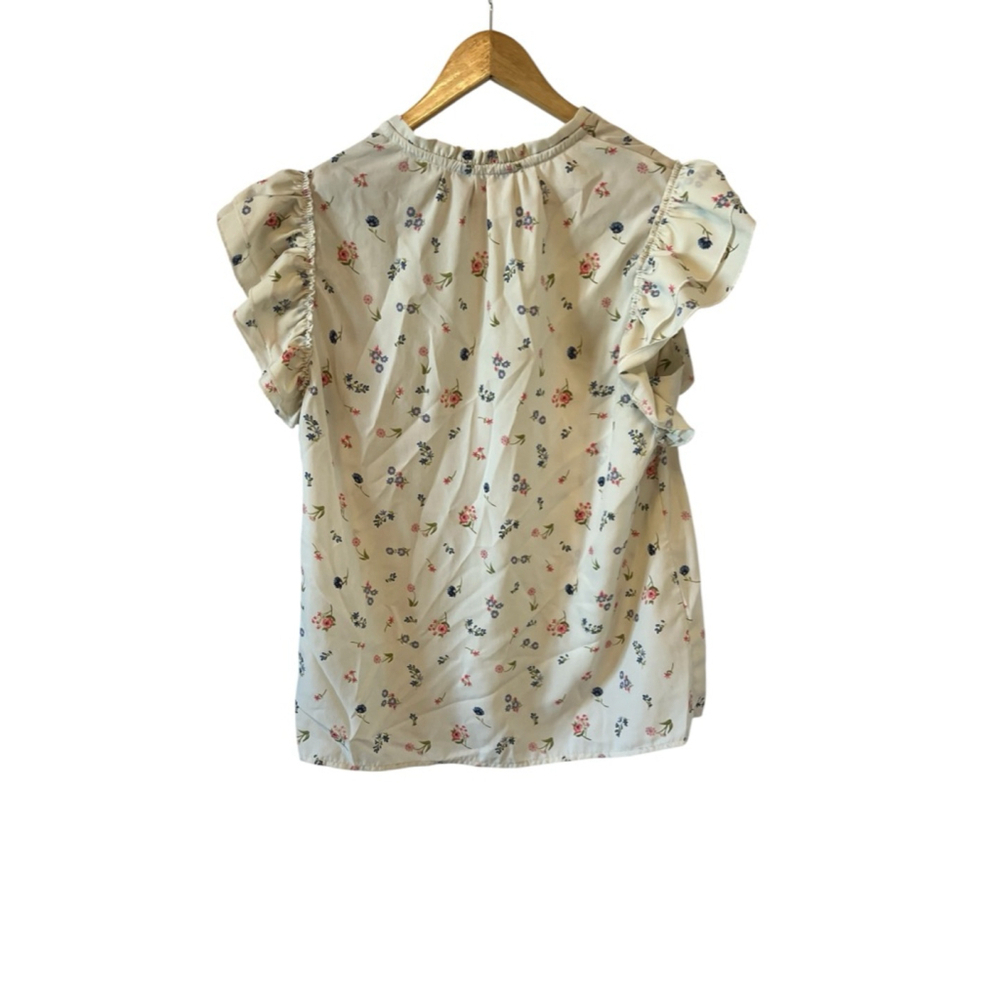 Women’s Blouse Printed Large Cream Flutter Short Sleeve Top Shirt L - Picture 3 of 8